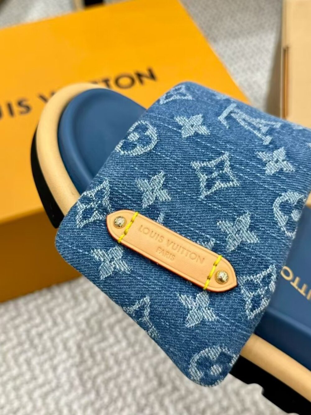 Louis Vuitton Blue Monogram Jacquard Denim Wide Strap Platform Slide Sandals View 4